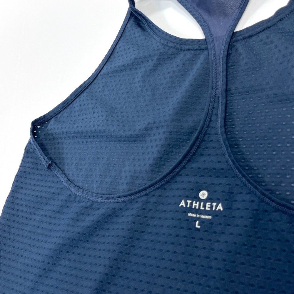 Athleta Chi Mesh Dot Tank High Neck Racerback Women's Large Navy Blue Active Top - Picture 9 of 16